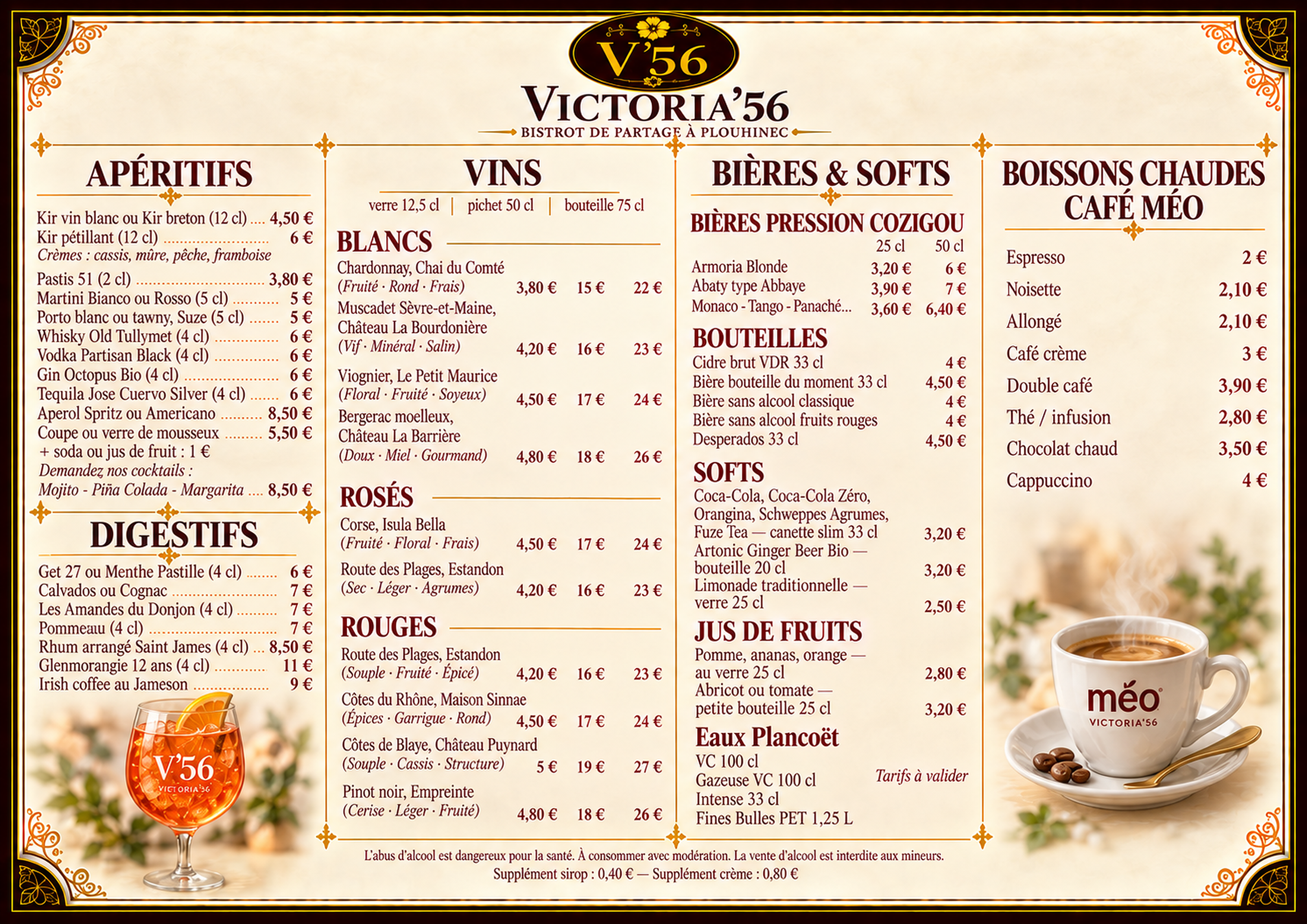 Carte des vins et boissons Victoria’56