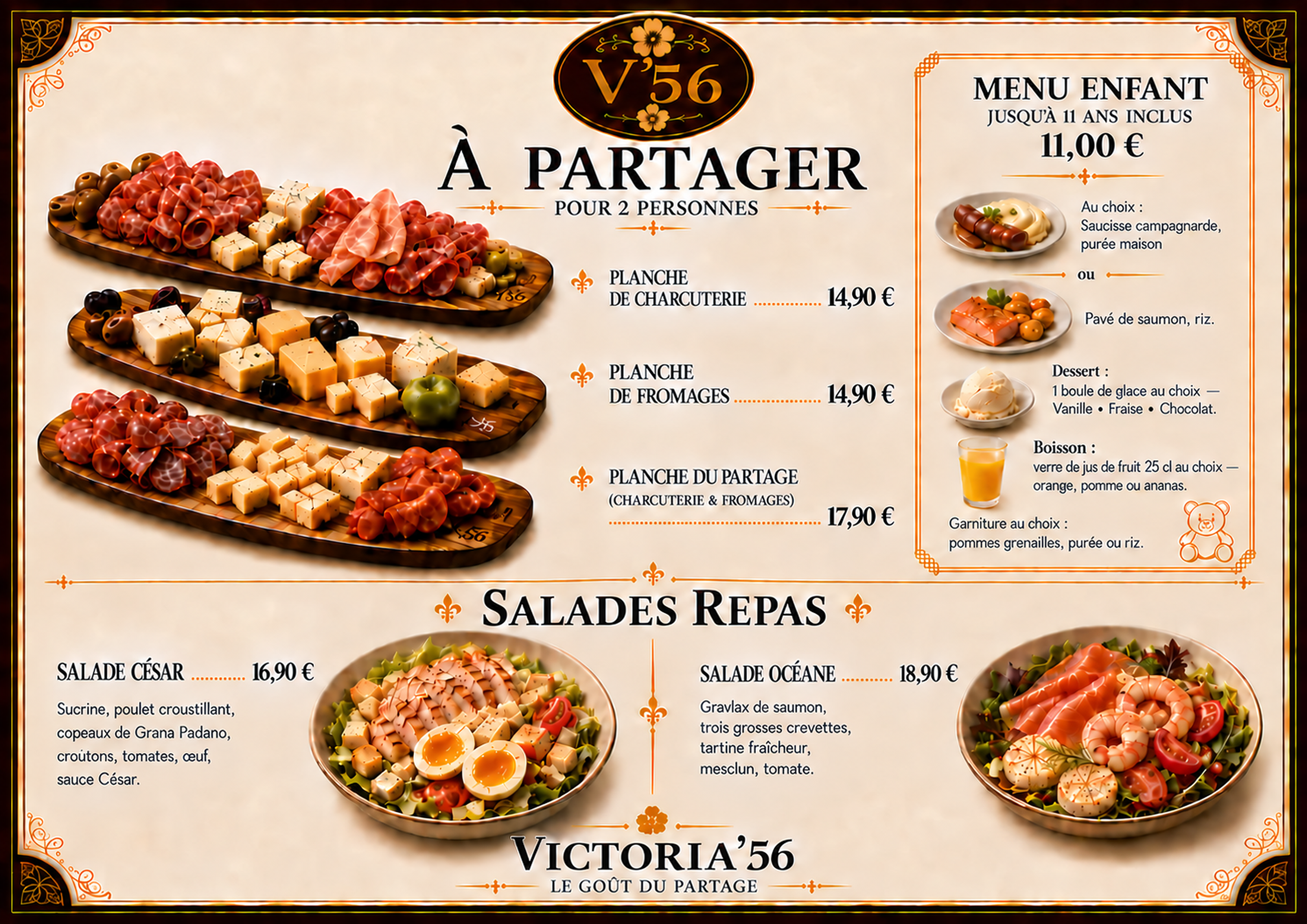 Carte à partager, salades et menu enfant Victoria’56