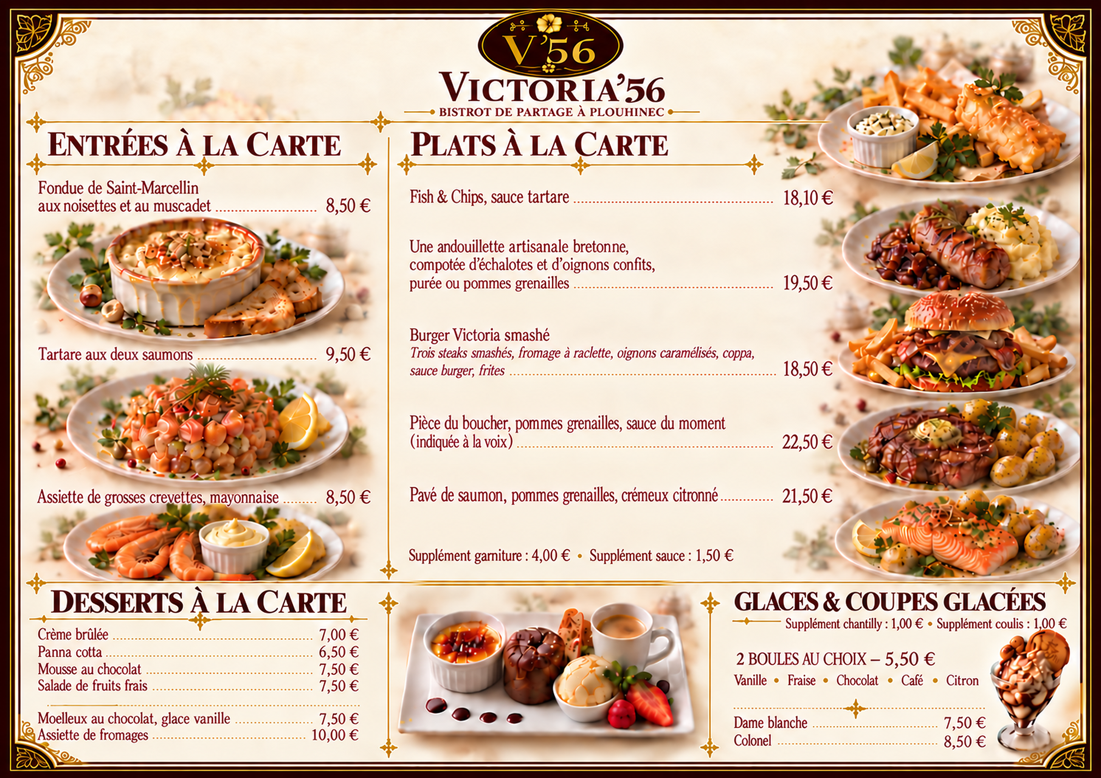 Carte des entrées, plats et desserts Victoria’56
